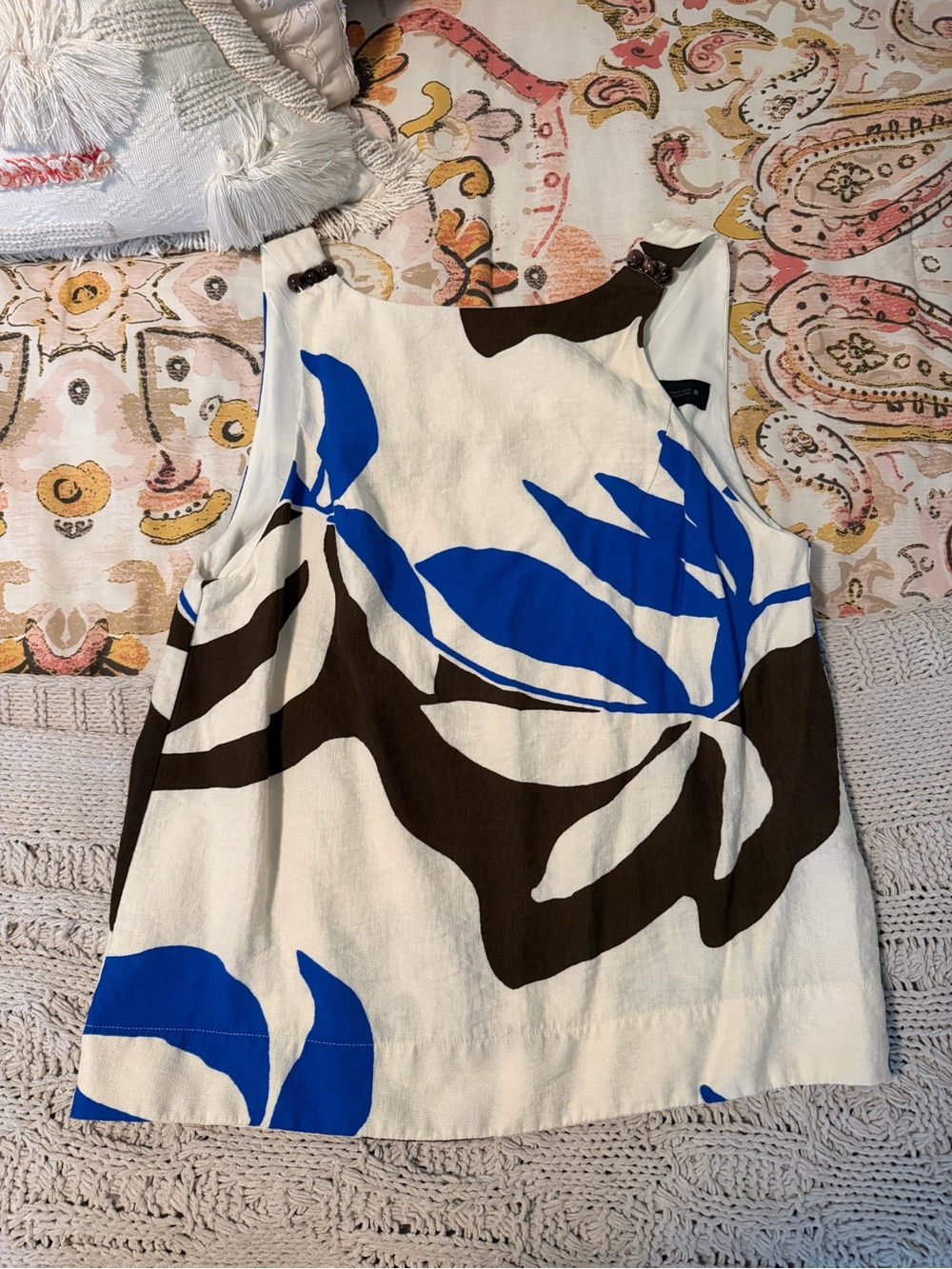 Zara Sleeveless Blue & Brown Leaf Print Tank Top - Women